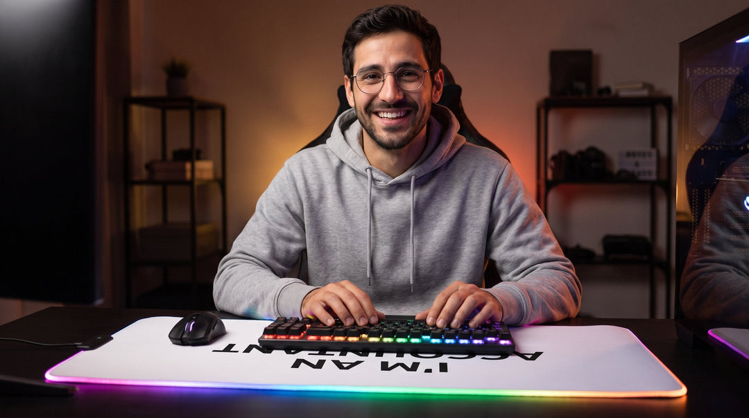 Man at a gaming desk with the Accountant gaming mouse pad - Jewish mouse pads from MoT Member of the Tribe
