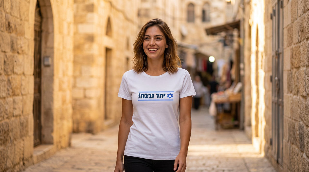 Woman in a Hebrew slogan t-shirt in the Jerusalem Old City