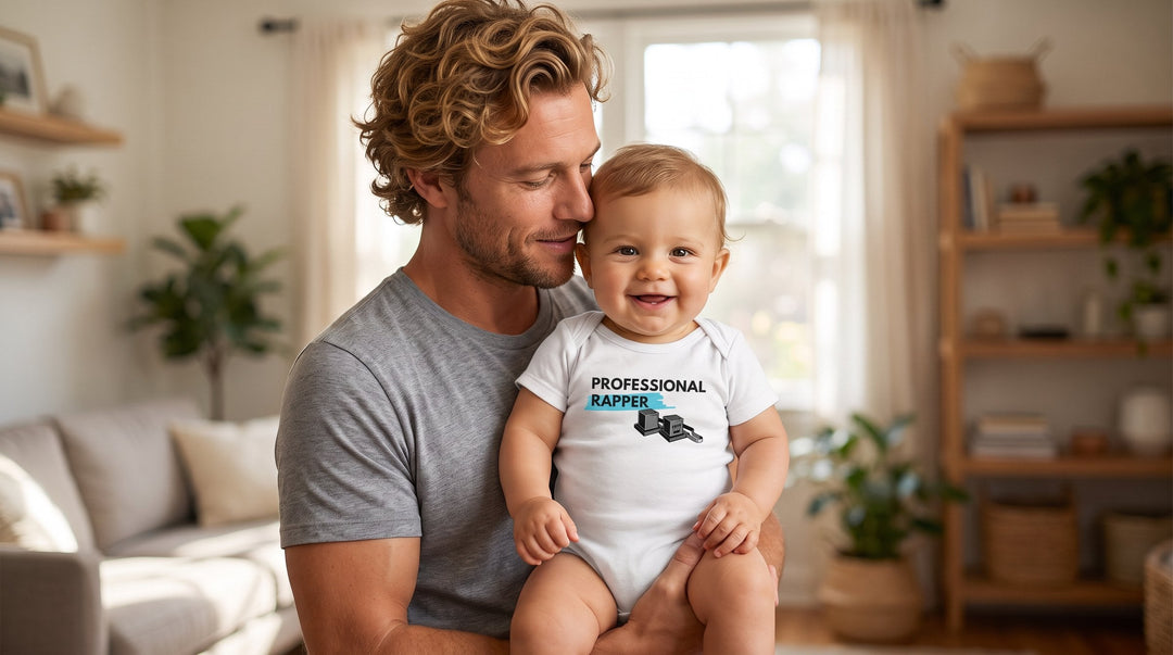 Father holding his baby in the Professional Rapper baby bodysuit - Jewish baby bodysuits from MoT Member of the Tribe