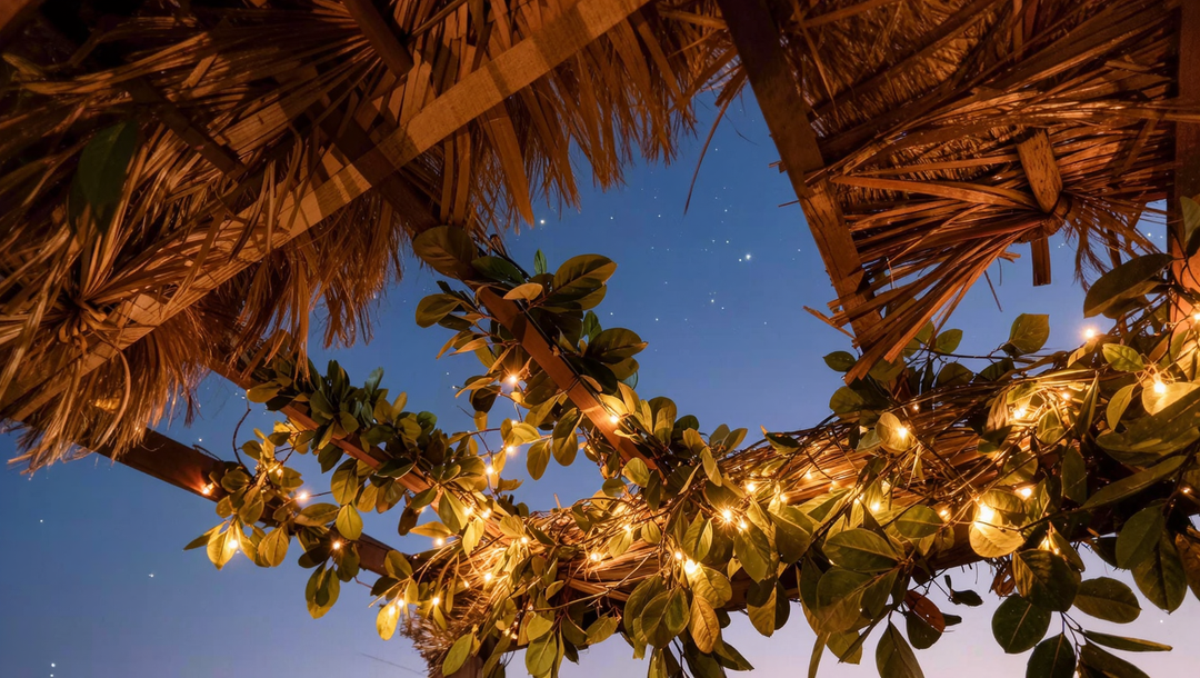 Sukkah roof of palm branches with string lights and evening sky