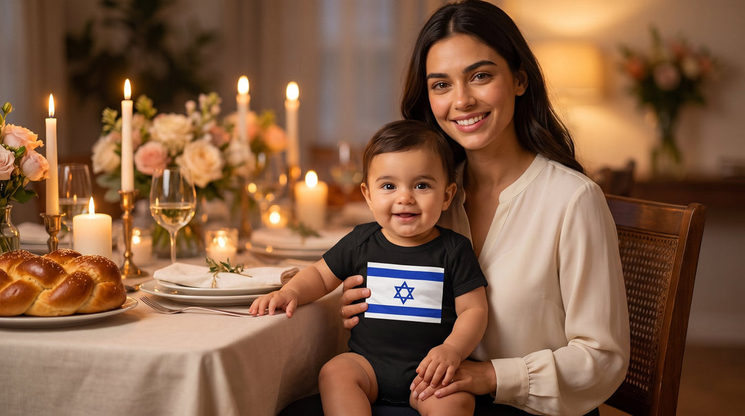 Mother holding her baby in an Israel flag bodysuit at a holiday table