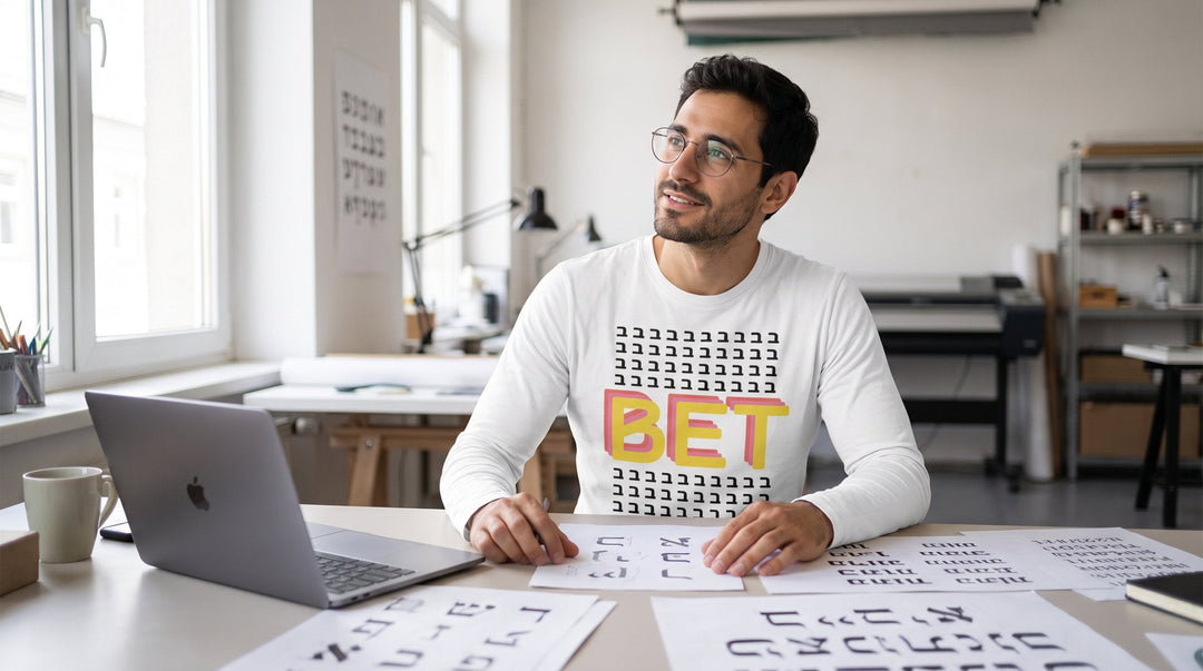 Man in a Hebrew letter BET long sleeve shirt at a design studio desk