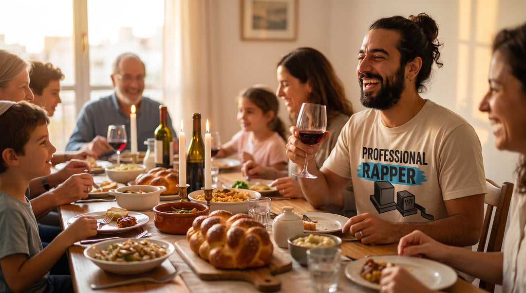 Man in a Professional Rapper Jewish humour t-shirt laughing at a family Shabbat dinner in Tel Aviv