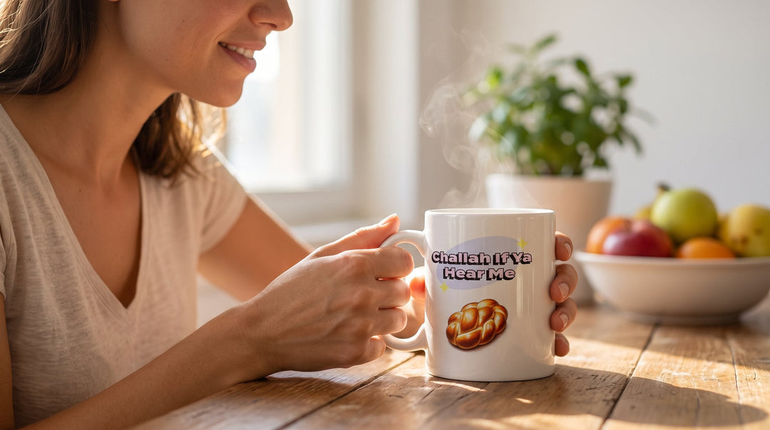 Woman holding the Challah If Ya Hear Me Jewish mug at a sunlit kitchen table