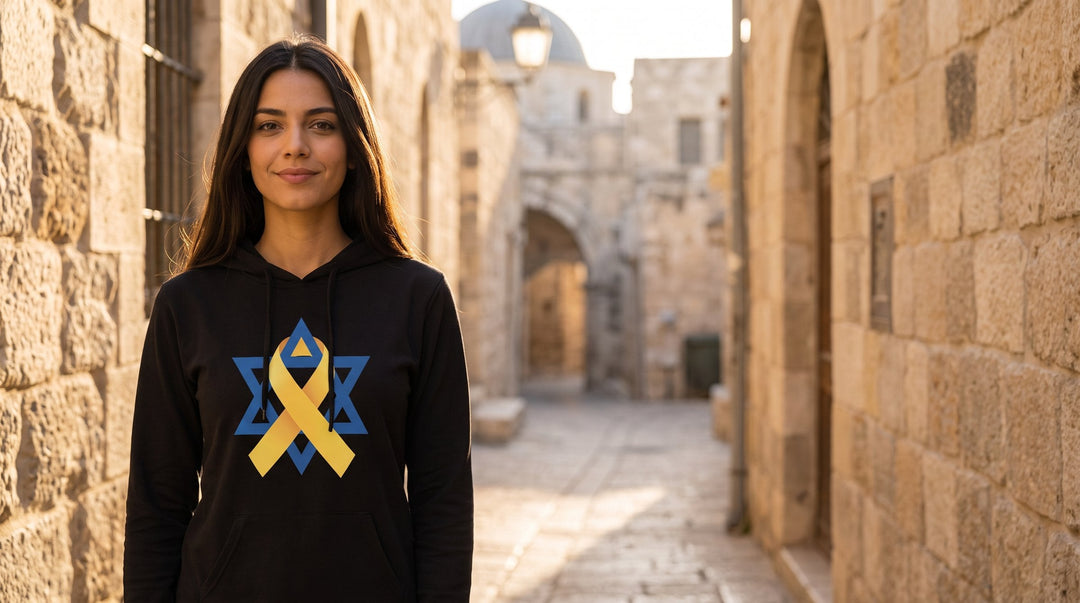 Woman in a black Star of David Yellow Ribbon hooded long sleeve tee in the Old City of Jerusalem