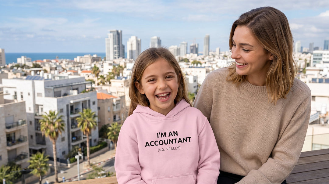 Girl in the Accountant youth hoodie with her mother - Jewish kids hoodies from MoT Member of the Tribe