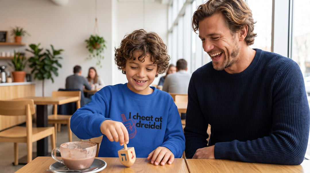 Boy in the I Cheat At Dreidel youth sweatshirt spinning a dreidel - Jewish kids sweatshirts from MoT Member of the Tribe