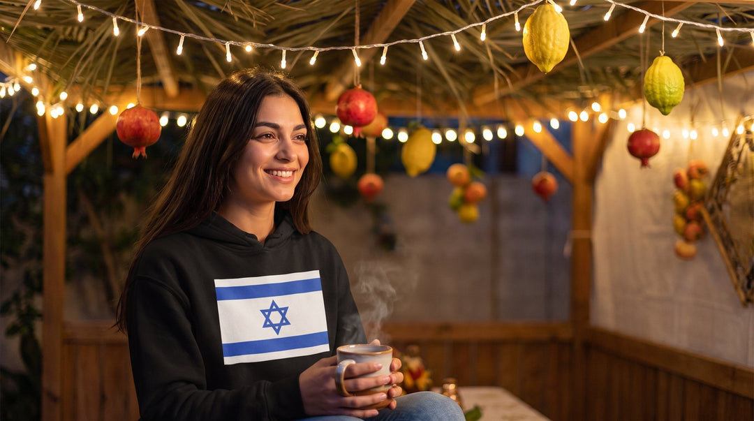 Woman in an Israel flag hoodie inside a decorated sukkah