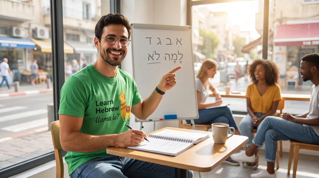 Man in a green Learn Hebrew Llama Lo t-shirt pointing at a whiteboard in a Tel Aviv Hebrew ulpan class