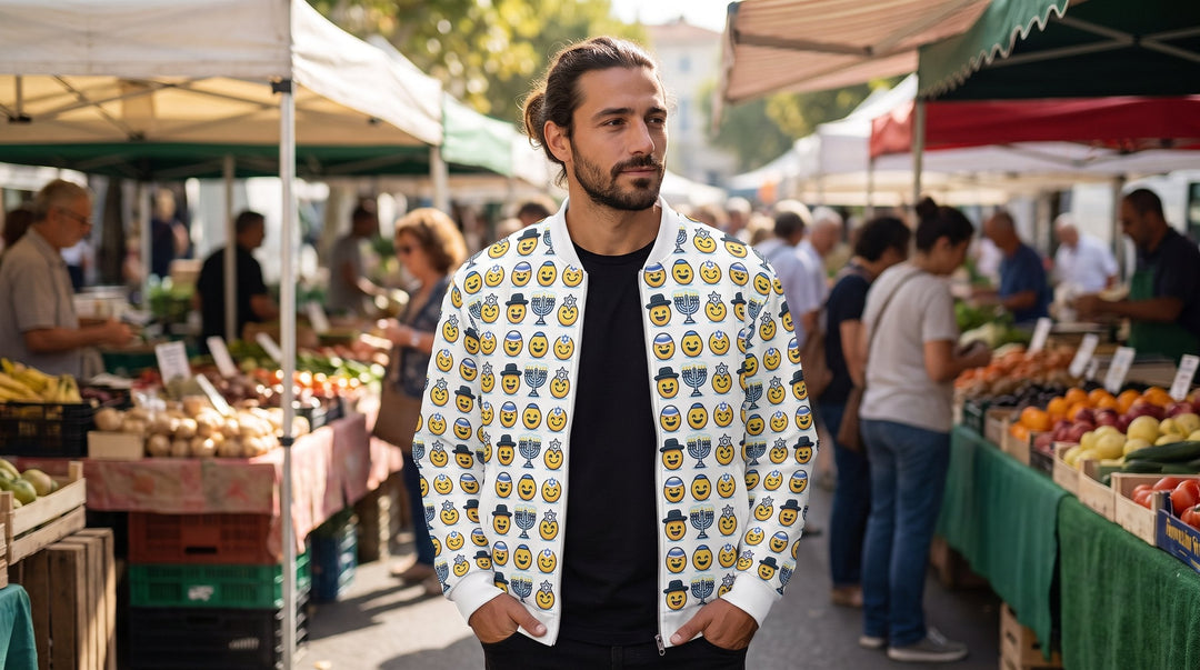 Man wearing the Jewish Emoji bomber jacket at a market - emohtee men bomber jackets