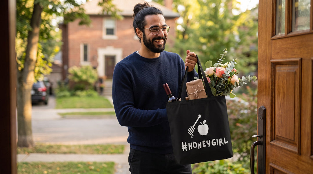 Man arriving at a friend's door with a #Honeygirl Jewish tote bag of gifts
