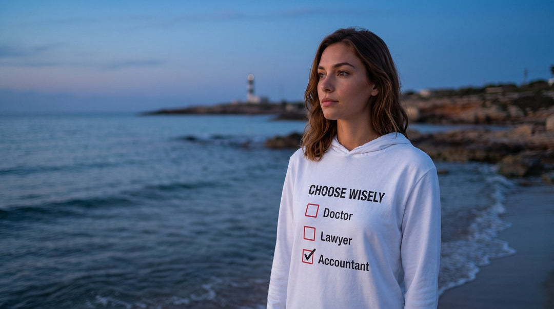 Woman in a Choose Wisely Jewish hooded shirt by the sea at dusk