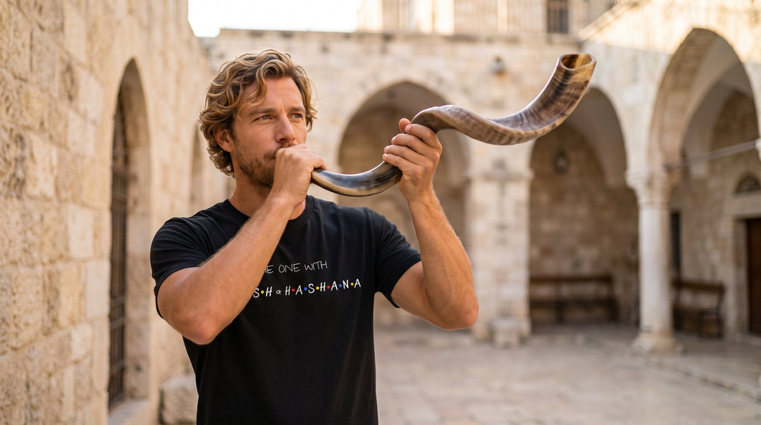 Man in a The One with Rosh HaShana t-shirt blowing a shofar in a Jerusalem synagogue courtyard