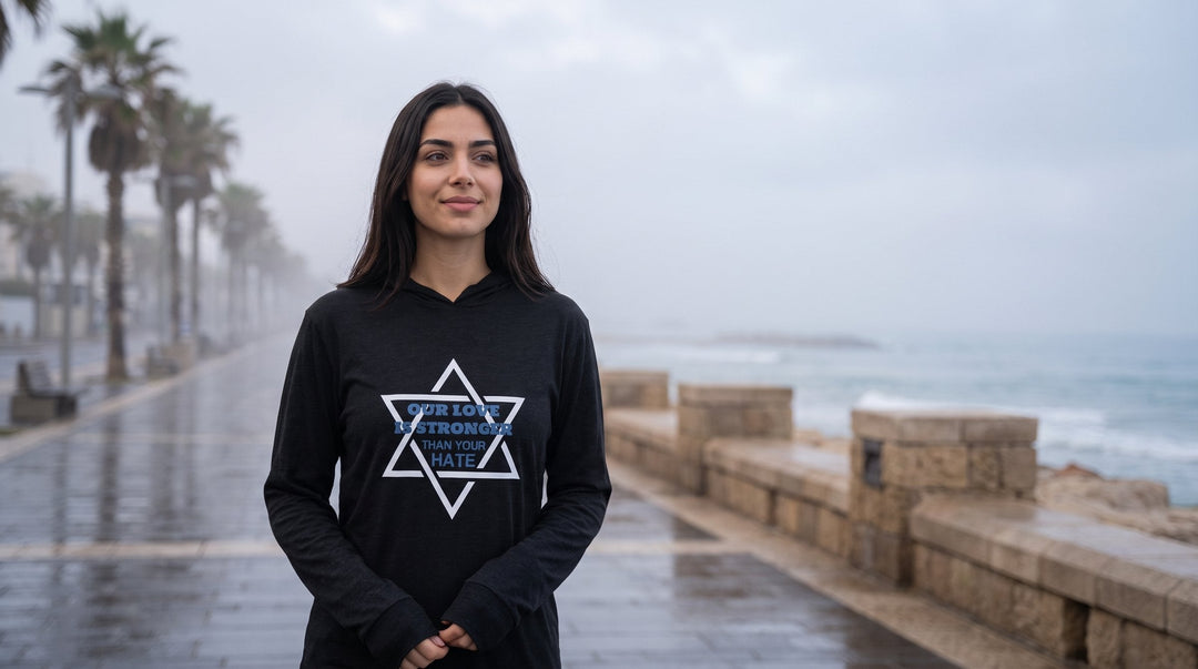 Woman in the Our Love Is Stronger hooded shirt on a seaside promenade - emohtee women hoodies and sweatshirts