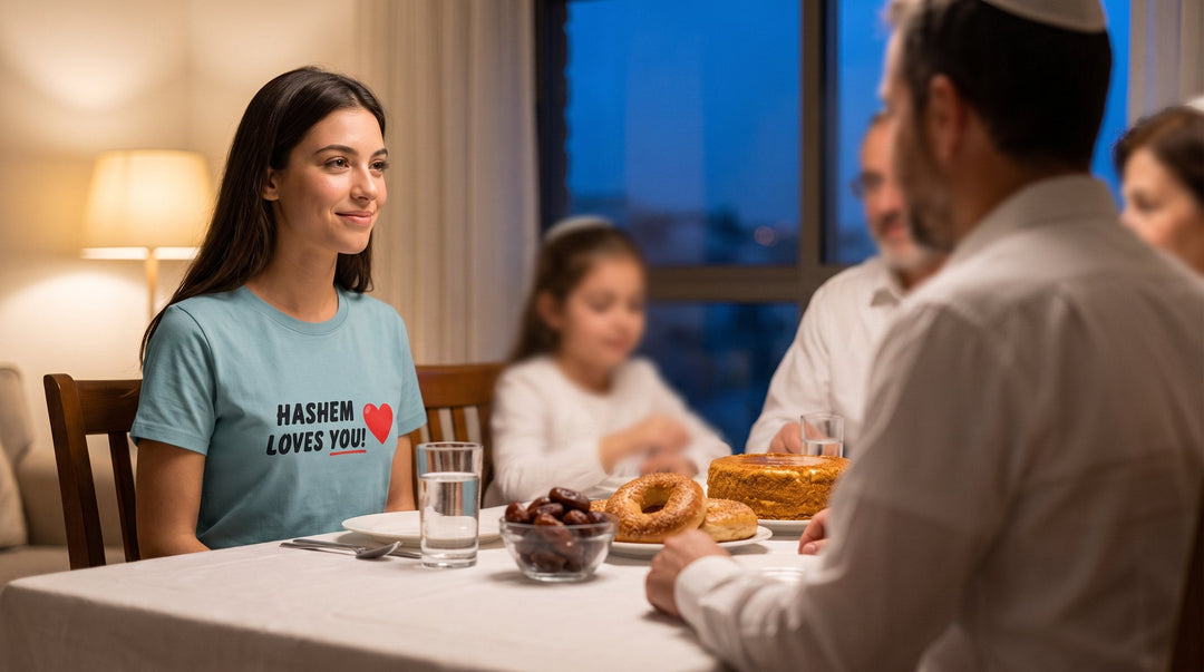 Woman in a Hashem Loves You t-shirt at a break-fast table after Yom Kippur with family dressed in white