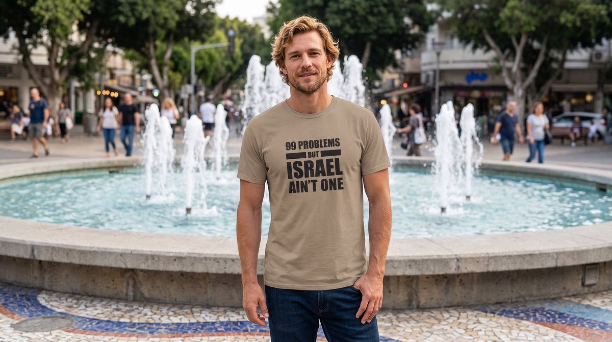 99 Problems T-shirt worn by a man by the Dizengoff Square fountain in Tel Aviv – MoT Member of the Tribe