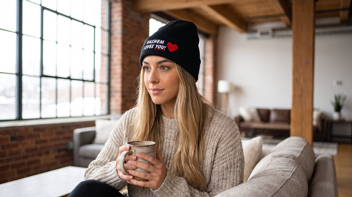 Woman wearing the HaShem Loves You cuffed beanie at home - emohtee beanies