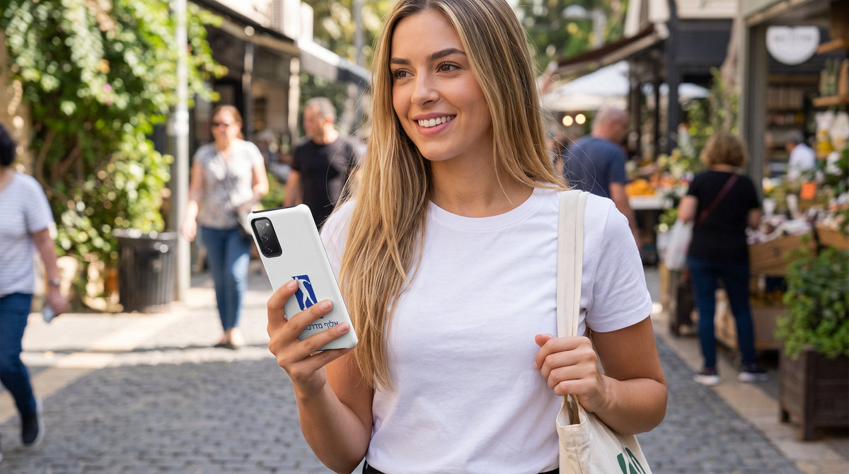 Woman holding a phone in the Curb Champ Samsung case at Sarona Market - emohtee accessories