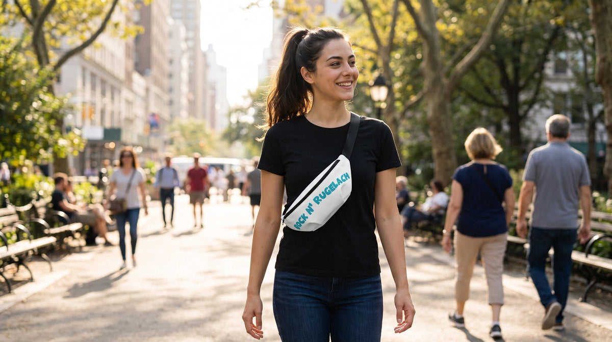 Woman wearing the Rock n Rugelach fanny pack in a city park - emohtee fanny packs