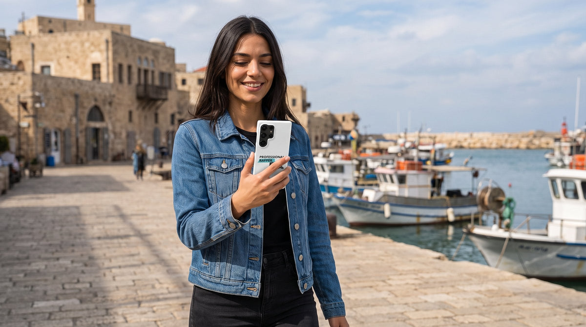Woman holding a phone in the Professional Rapper Samsung snap case in Jaffa - emohtee Samsung snap cases