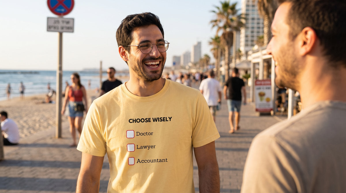 Choose Wisely T-shirt worn by a man on the Tel Aviv beach promenade – MoT Member of the Tribe