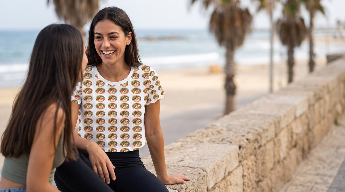 Falafel Party 16 Bit crop tee worn by a woman on the Tel Aviv beach promenade – MoT Member of the Tribe