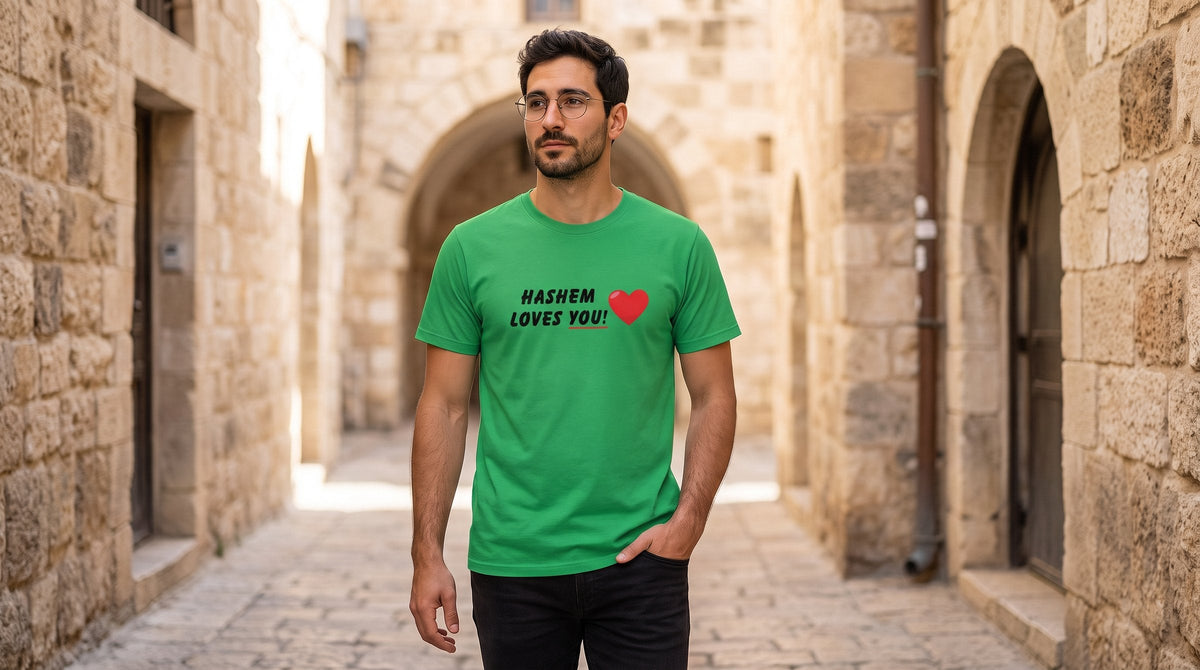 HaShem Loves You T-shirt worn by a man in the stone alleys of the Jerusalem Old City – MoT Member of the Tribe