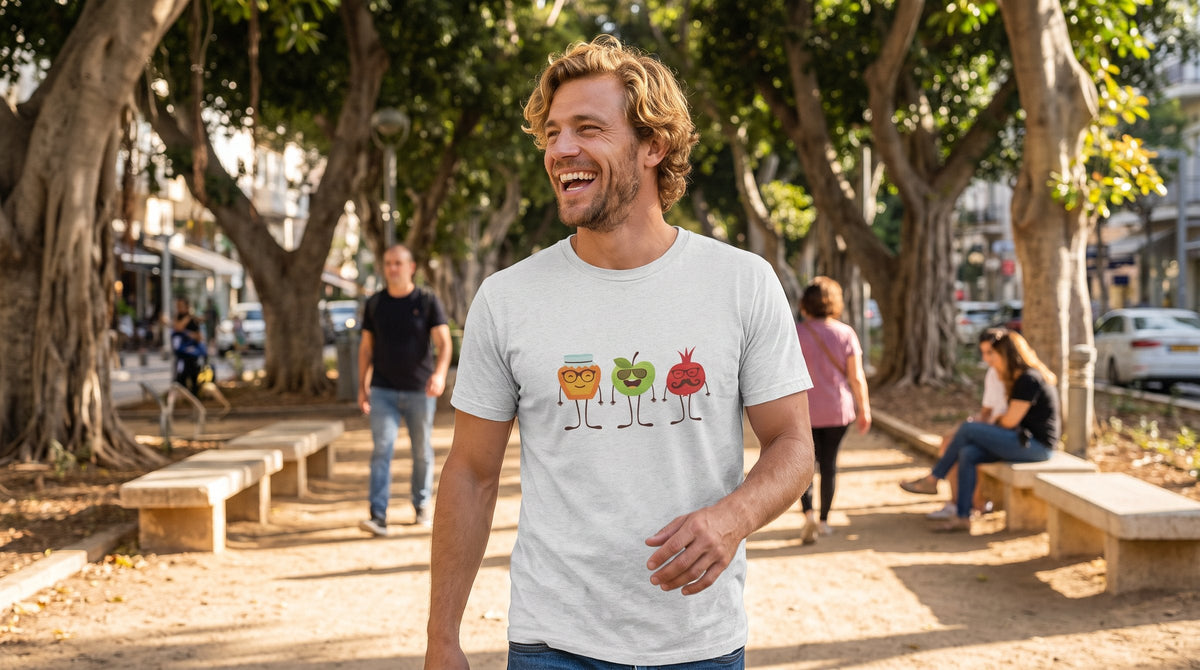 Honey Apple Pomegranates T-shirt worn by a man on Rothschild Boulevard in Tel Aviv under the ficus trees – MoT Member of the Tribe