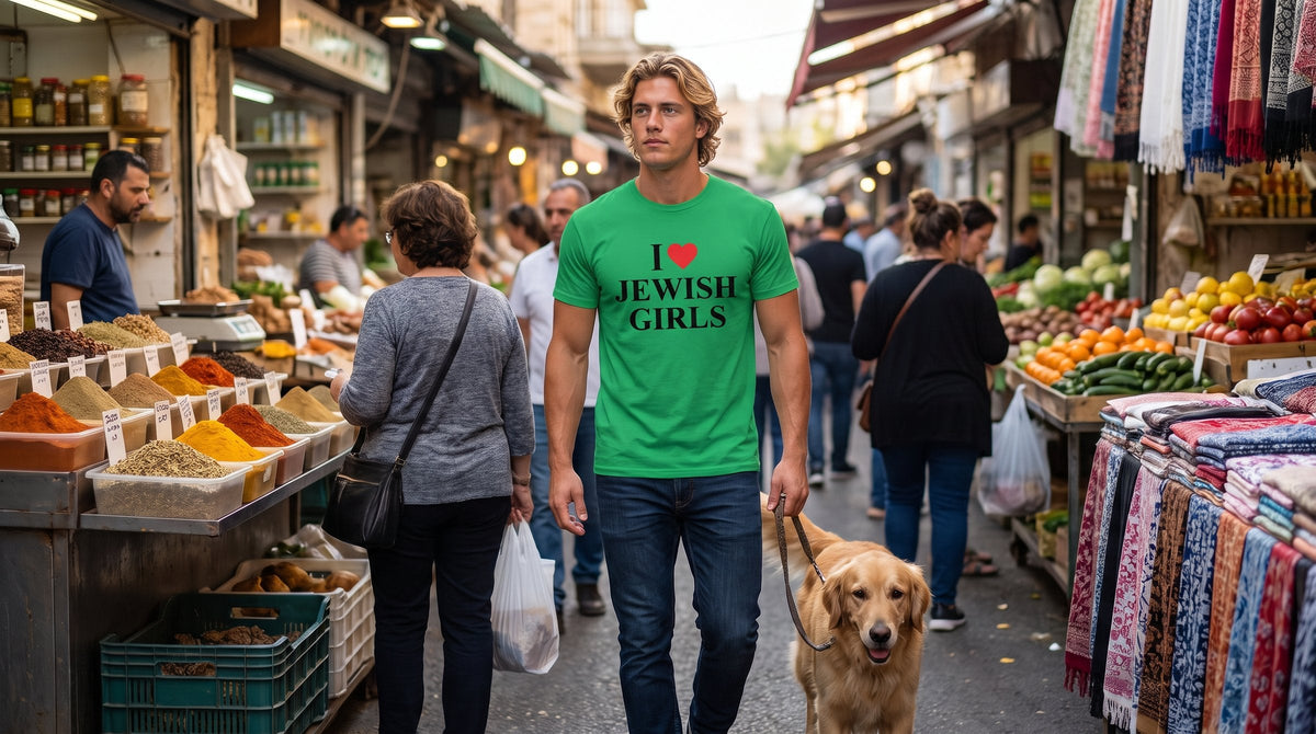 I Love Jewish Girls T-shirt worn by a man at the Carmel Market in Tel Aviv – MoT Member of the Tribe