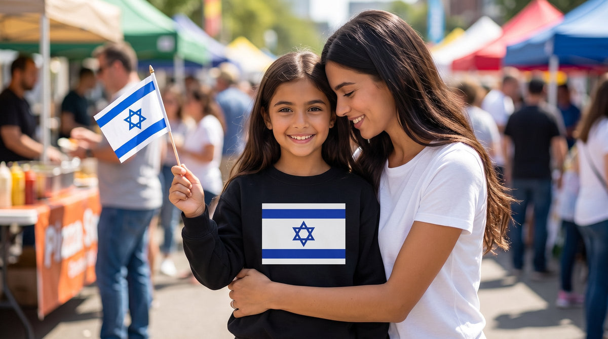 Girl in the Israel flag youth sweatshirt with her mother at a festival - emohtee Israel flag apparel