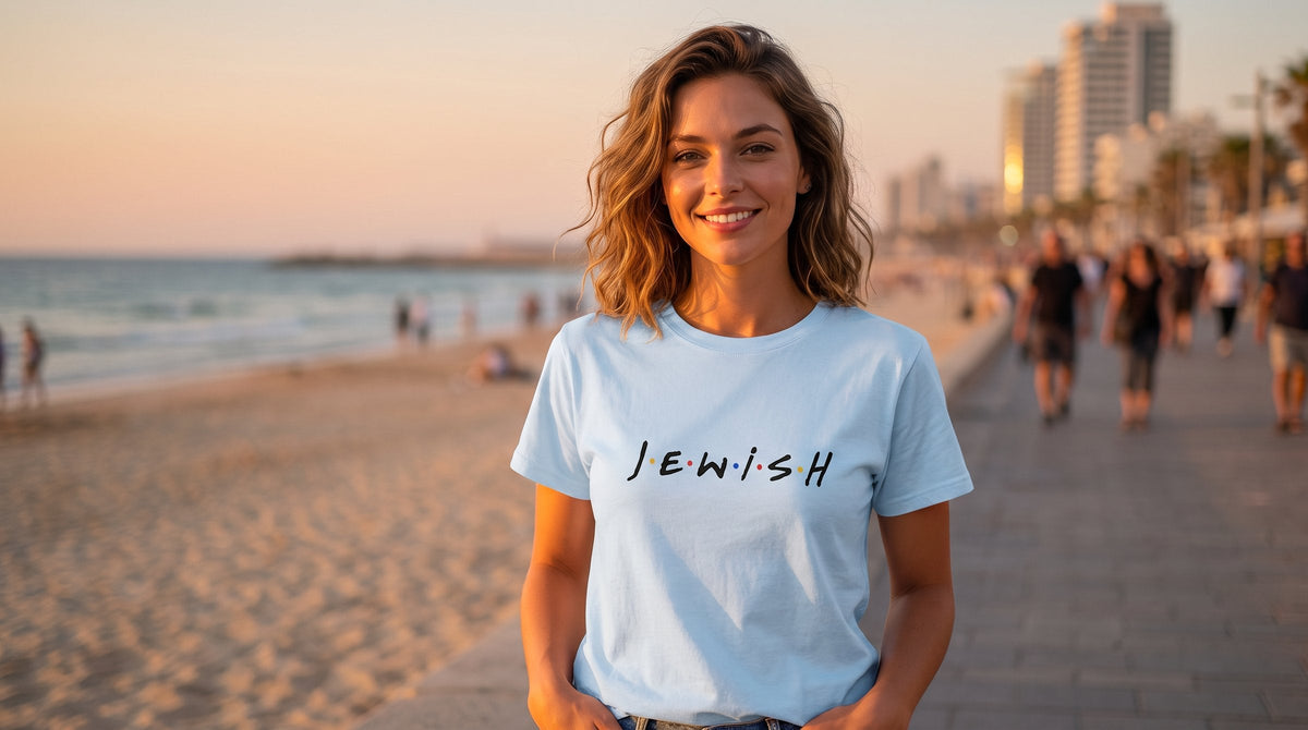 J.E.W.I.S.H. T-shirt worn by a woman on the Tel Aviv beachfront promenade at golden hour – MoT Member of the Tribe