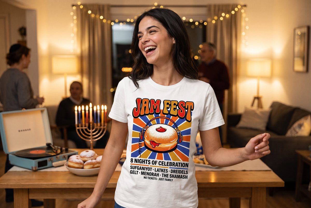 Jam Fest 8 Nights T-shirt worn by a woman dancing at a family Hanukkah party with a lit menorah – MoT Member of the Tribe