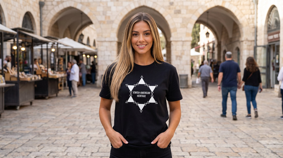 Jewish American Heritage T-shirt worn by a woman at the First Station in Jerusalem – MoT Member of the Tribe