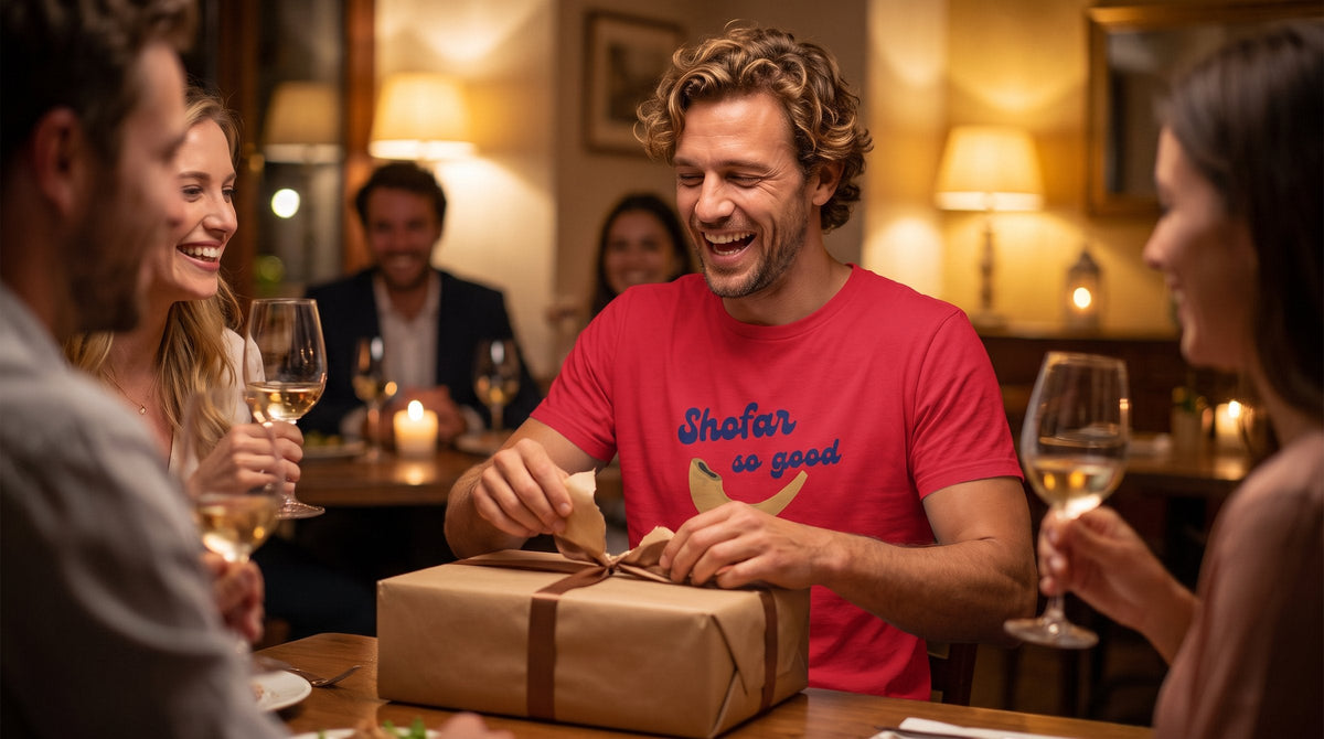 Man in the Shofar So Good tee opening a gift - emohtee Jewish gifts for men