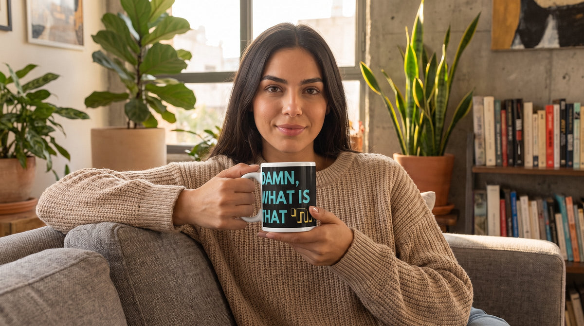 Woman holding the Damn What Is That mug at home - emohtee Jewish home accessories
