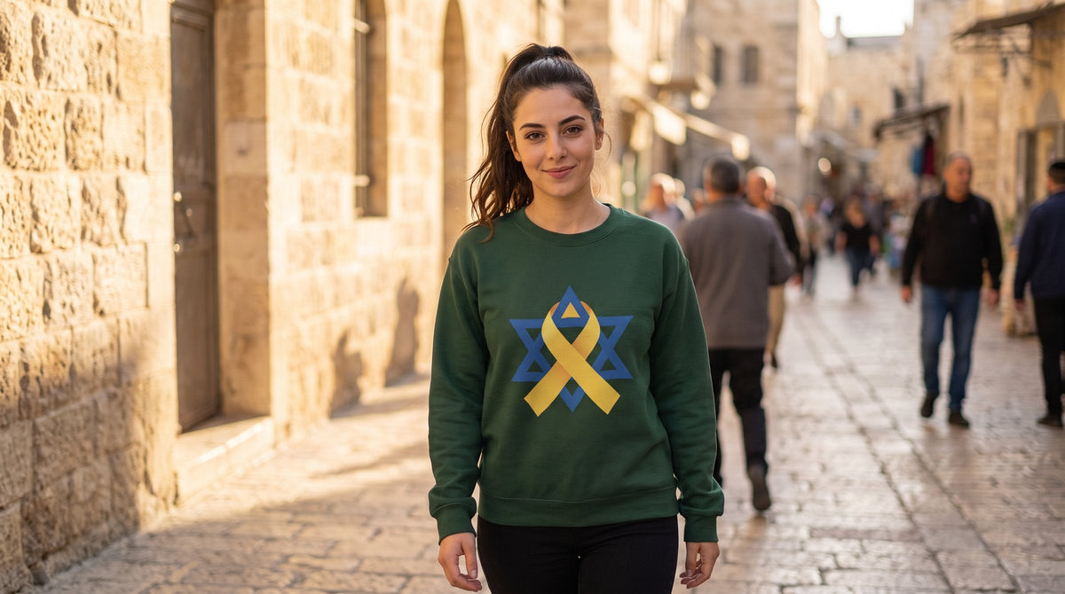 Woman wearing the Star of David Yellow Ribbon sweatshirt in Jerusalem - emohtee Jewish symbols apparel