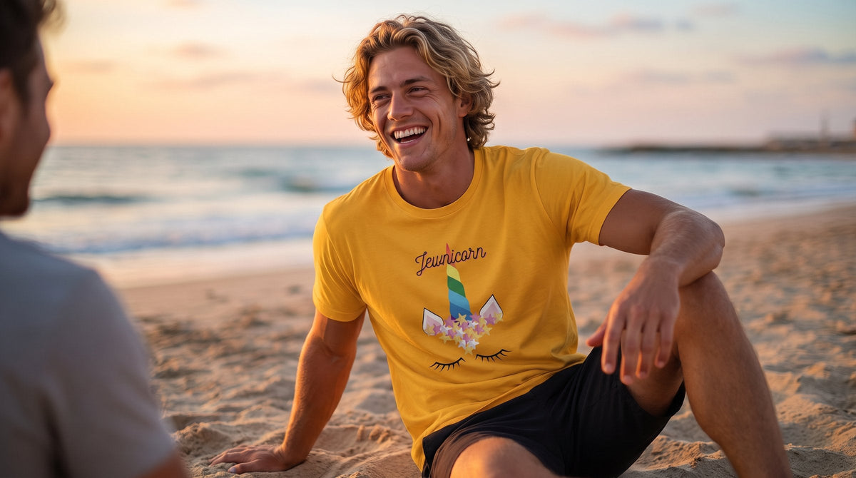 Jewnicorn T-shirt worn by a man on a Tel Aviv beach at sunset – MoT Member of the Tribe