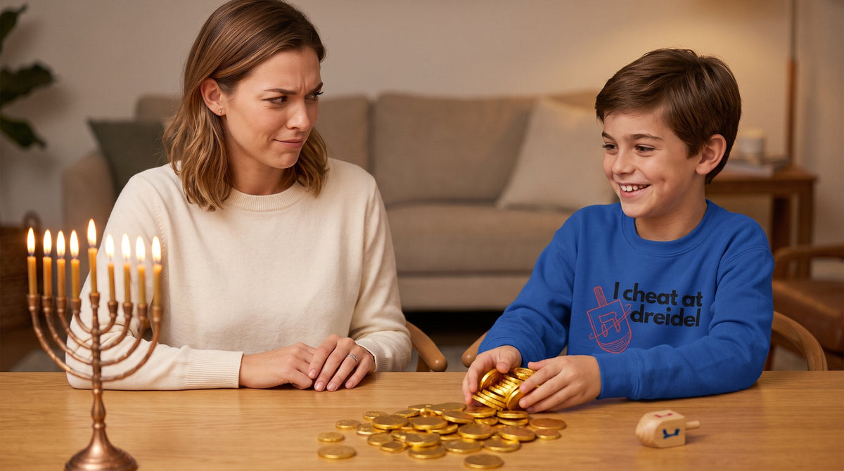Boy in the I Cheat At Dreidel youth sweatshirt grabbing the gelt while his mother looks on suspiciously - emohtee kids
