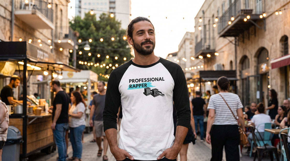 Model wearing the Professional Rapper raglan shirt - emohtee men 3 4 sleeve shirts collection