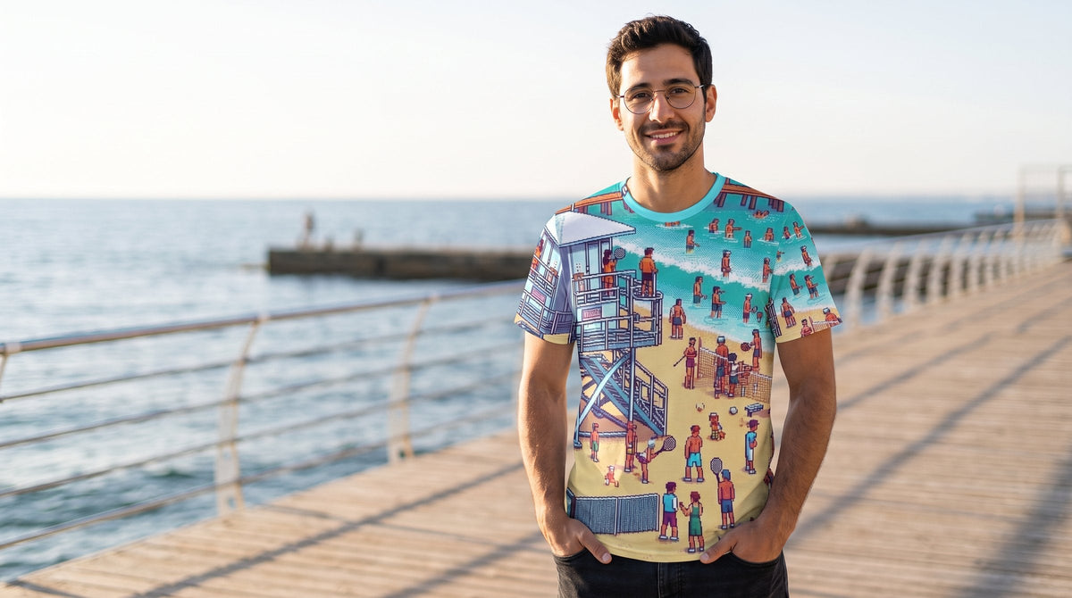 Man wearing the TLV Frishman Beach 16 Bit all-over shirt - emohtee men all-over shirts