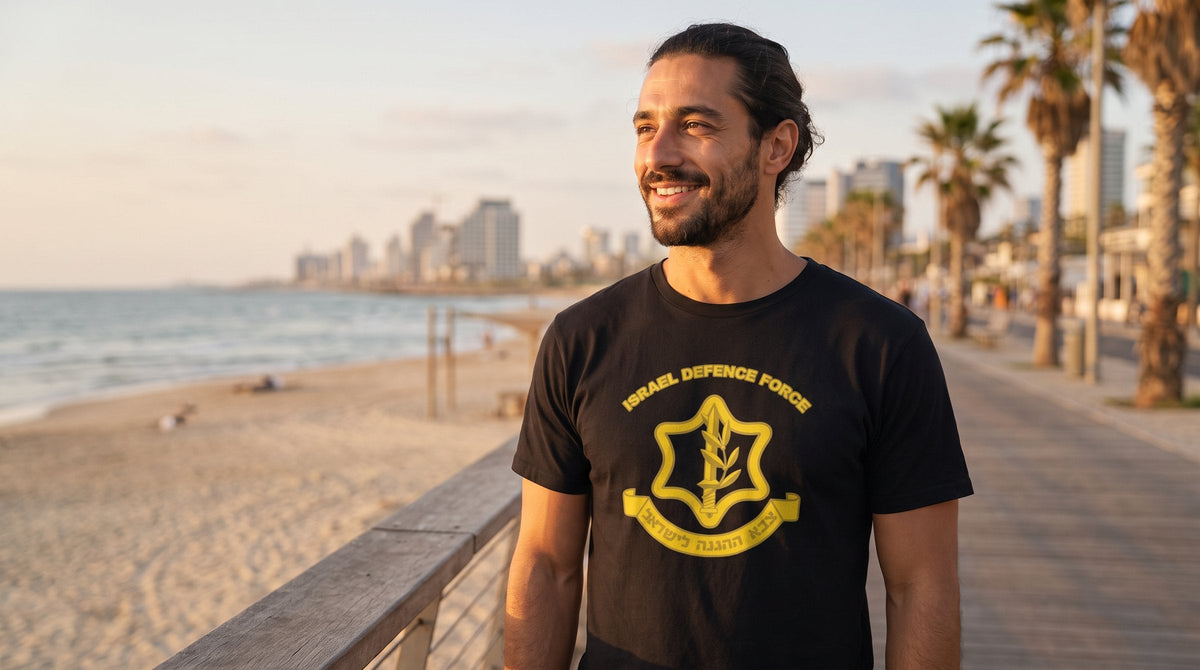 Model wearing the IDF Israel Defense Forces organic tee - emohtee men collection