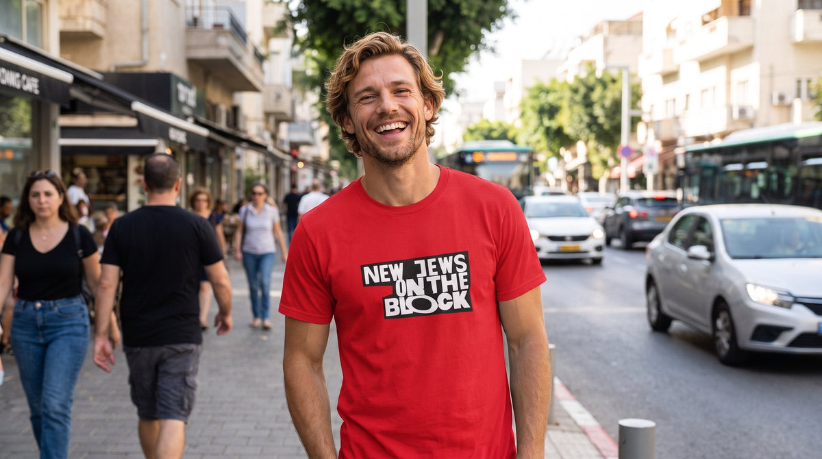 Man wearing the New Jews on the Block tee on Dizengoff Street - emohtee men t-shirts