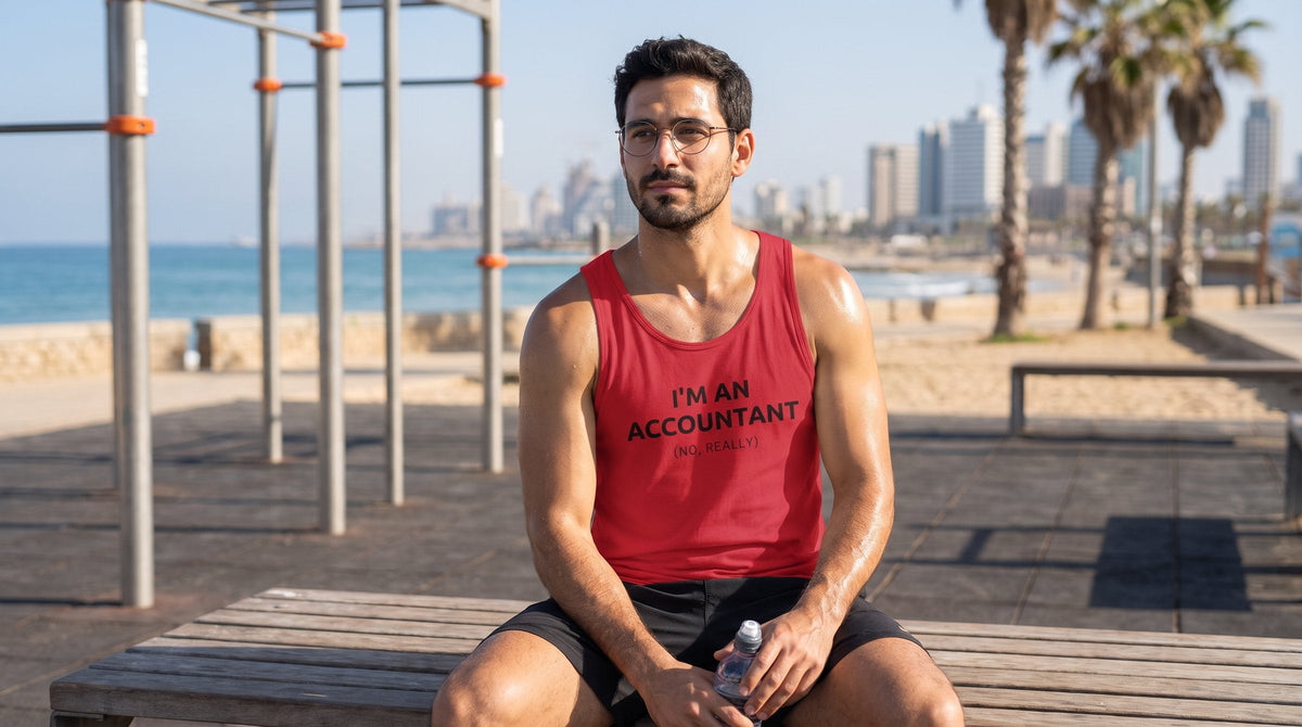 Man wearing the Accountant tank top by the Tel Aviv beach - emohtee men tank tops