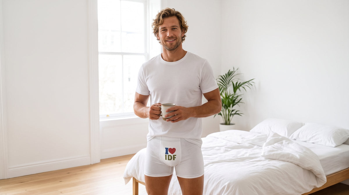 Man in I Love IDF boxer briefs and a white tee in a bright bedroom - emohtee men underwear