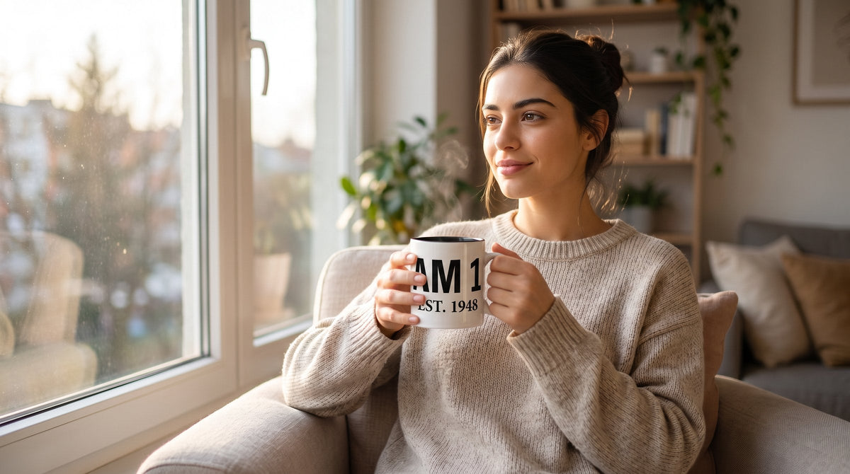 Woman holding the AM 1 mug by a sunny window - emohtee merch highlights