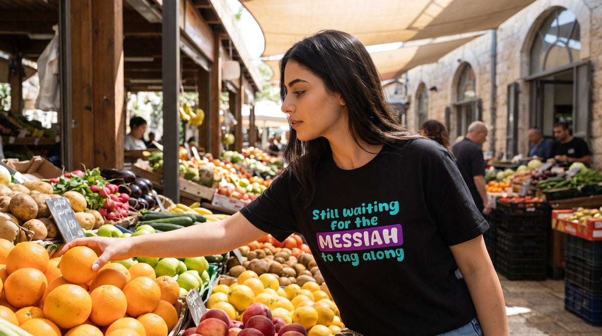 Messiah T-shirt worn by a woman at the First Station in Jerusalem – MoT Member of the Tribe