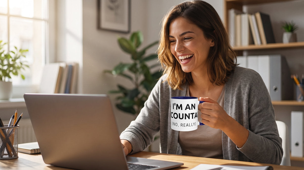 Woman holding the Accountant mug at her desk - emohtee mugs
