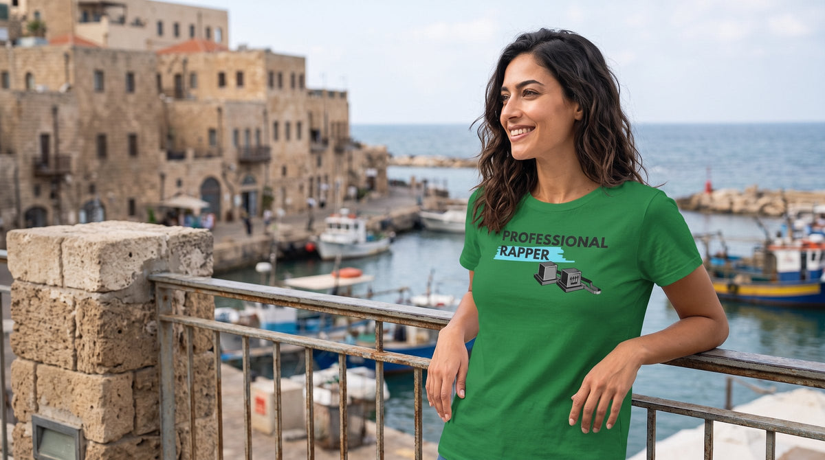 Professional Rapper T-shirt worn by a woman in the old port of Jaffa by the sea – MoT Member of the Tribe