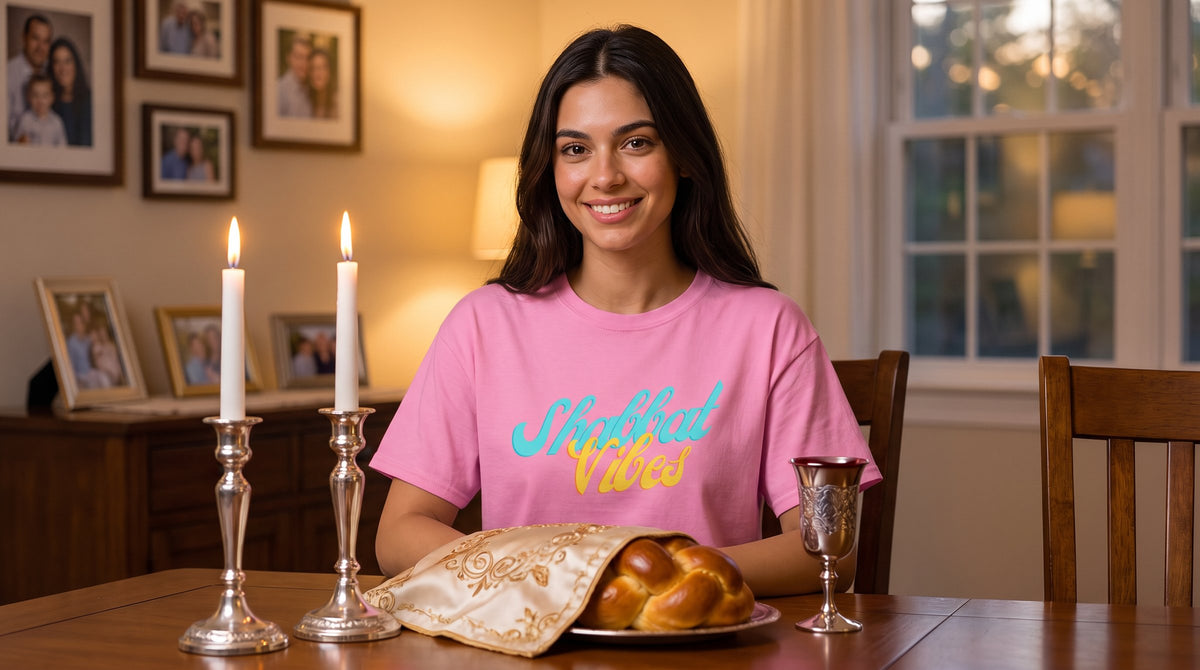 Woman in the pink Shabbat Vibes tee at a Friday night Shabbat table with candles and challah - MoT Member of the Tribe Shabbat collection