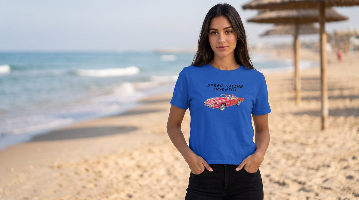 Speed Dating Inventor T-shirt worn by a woman on a sandy Mediterranean beach in Herzliya – MoT Member of the Tribe
